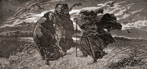 Kohtaus William Shakespearen näytelmästä Macbeth, näytös I, kohtaus I, Ensimmäinen noita: Milloin me kolme tapaamme jälleen, ukkosen, salaman vai sateen aikana?, William Shakespearen teoksista, julkaistu 1896 (